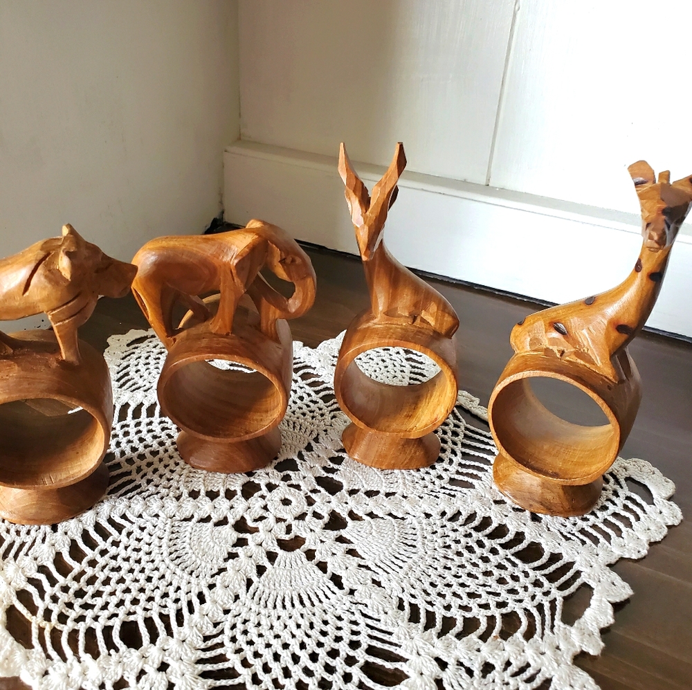 Vtg. Exotic Animals Hand Carved Wood Napkin Rings